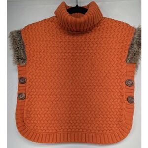 ASPEN kids Orange Cable Knit Faux Fur Trim Turtleneck Poncho Sweater Girls M 7/8